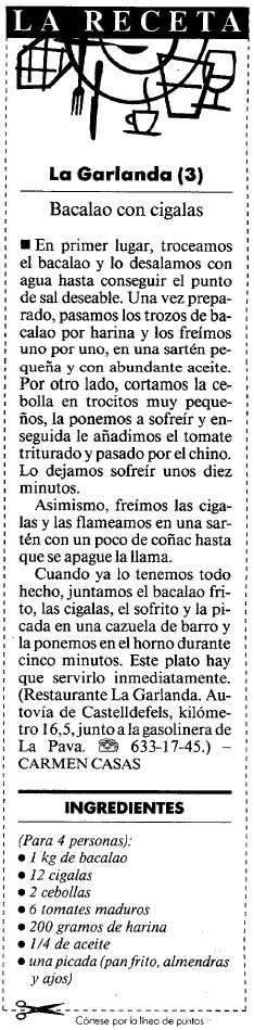 Recepta de bacall� amb escamarlans del restaurant 'La Garlanda' de Gav� Mar publicada al diari LA VANGUARDIA (5 Abril 1999)